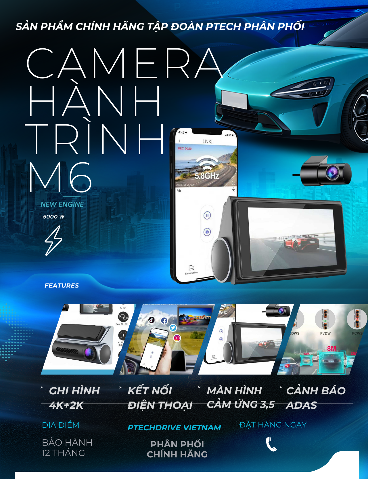 Camera hành trình 2 mắt M6 Ptech 4k